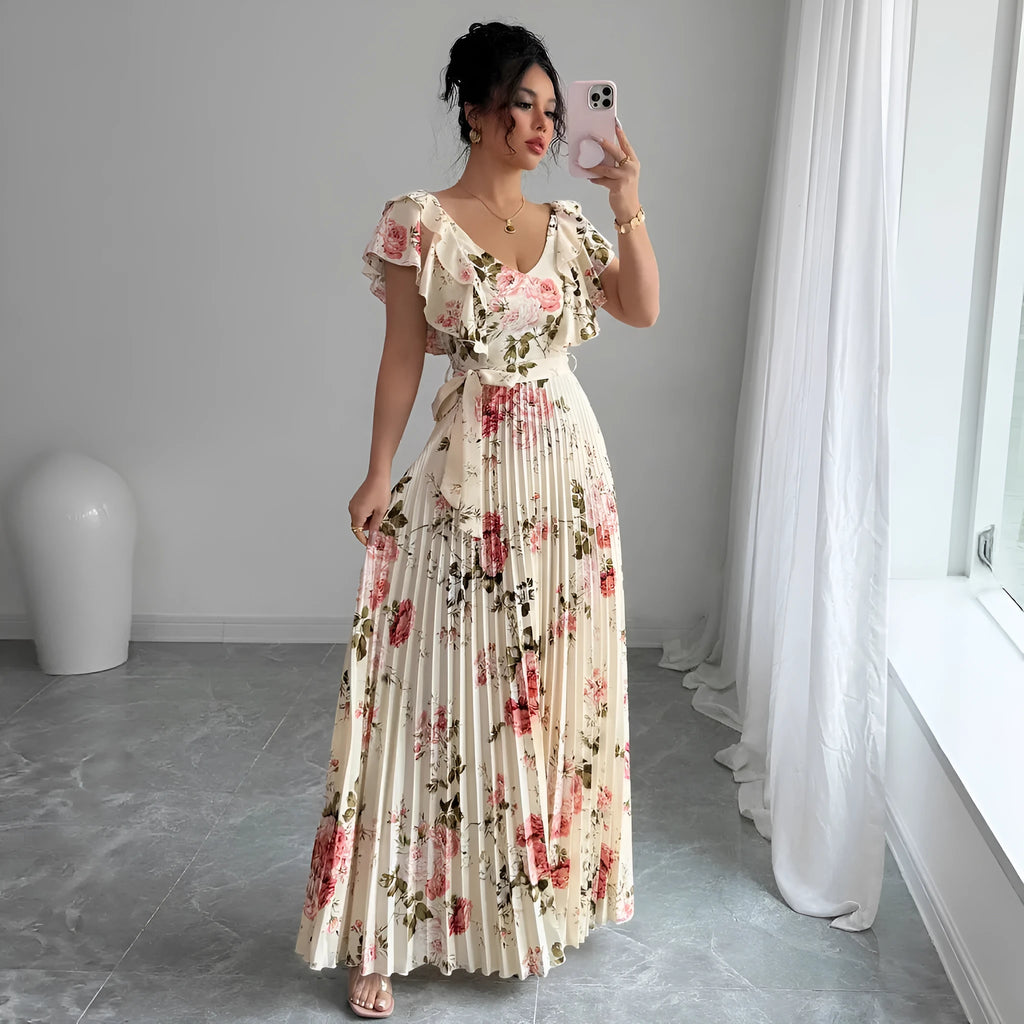 Apricot floral print dress with V-neck, ruffle sleeves, and swing skirt