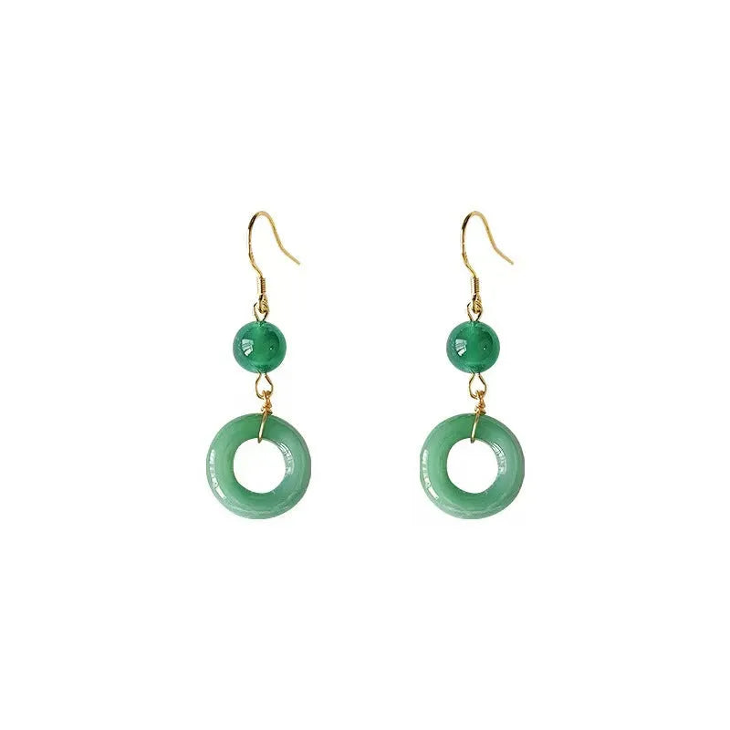 Green jade design peace buckle earrings with 14K gold plating on zinc alloy
