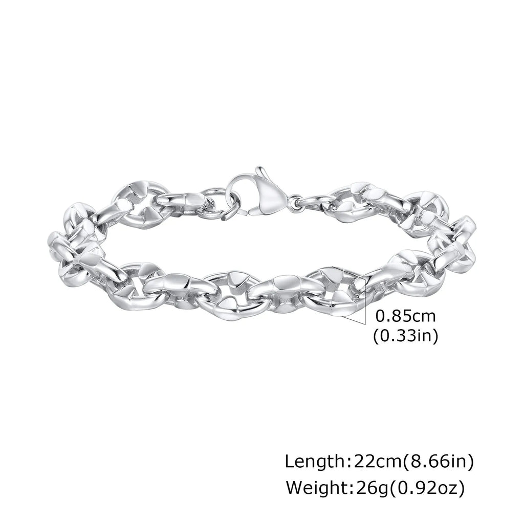 Thick handmade stainless steel chain bracelet with geometric links, steel colour.