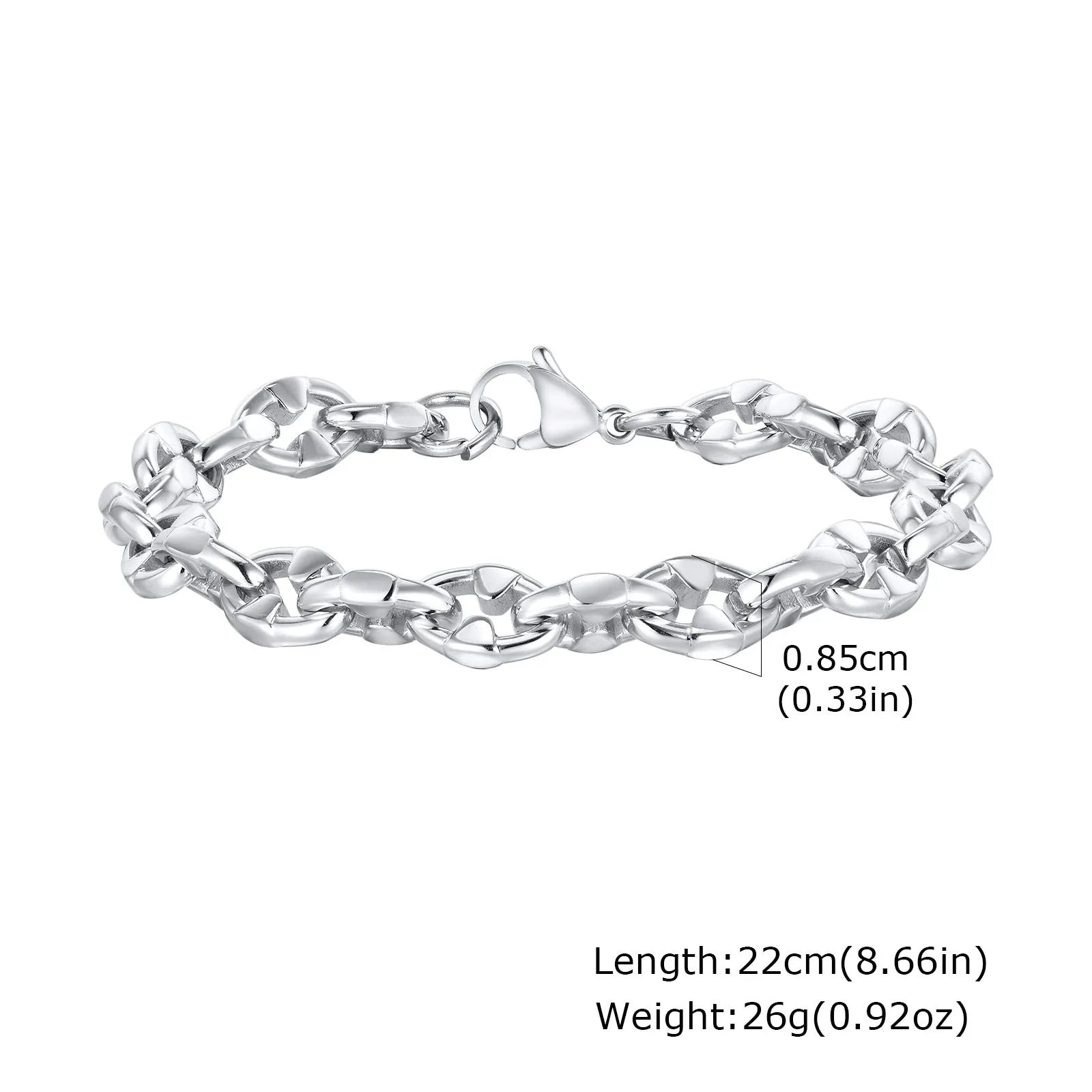 Thick handmade stainless steel chain bracelet with geometric links, steel colour.