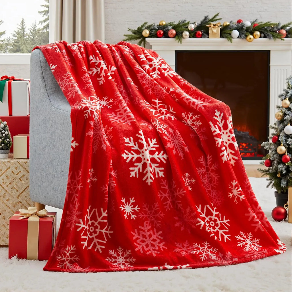 Soft plush Christmas blanket in polyester fibre showing colour options and size dimensions.