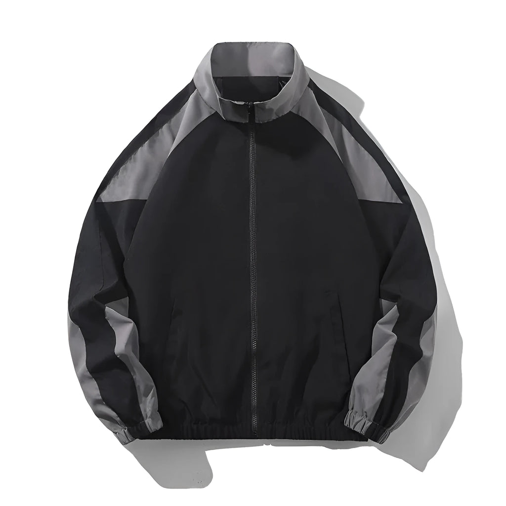 Men's black contrast stitch casual jacket with side seam pockets showing loose fit design
