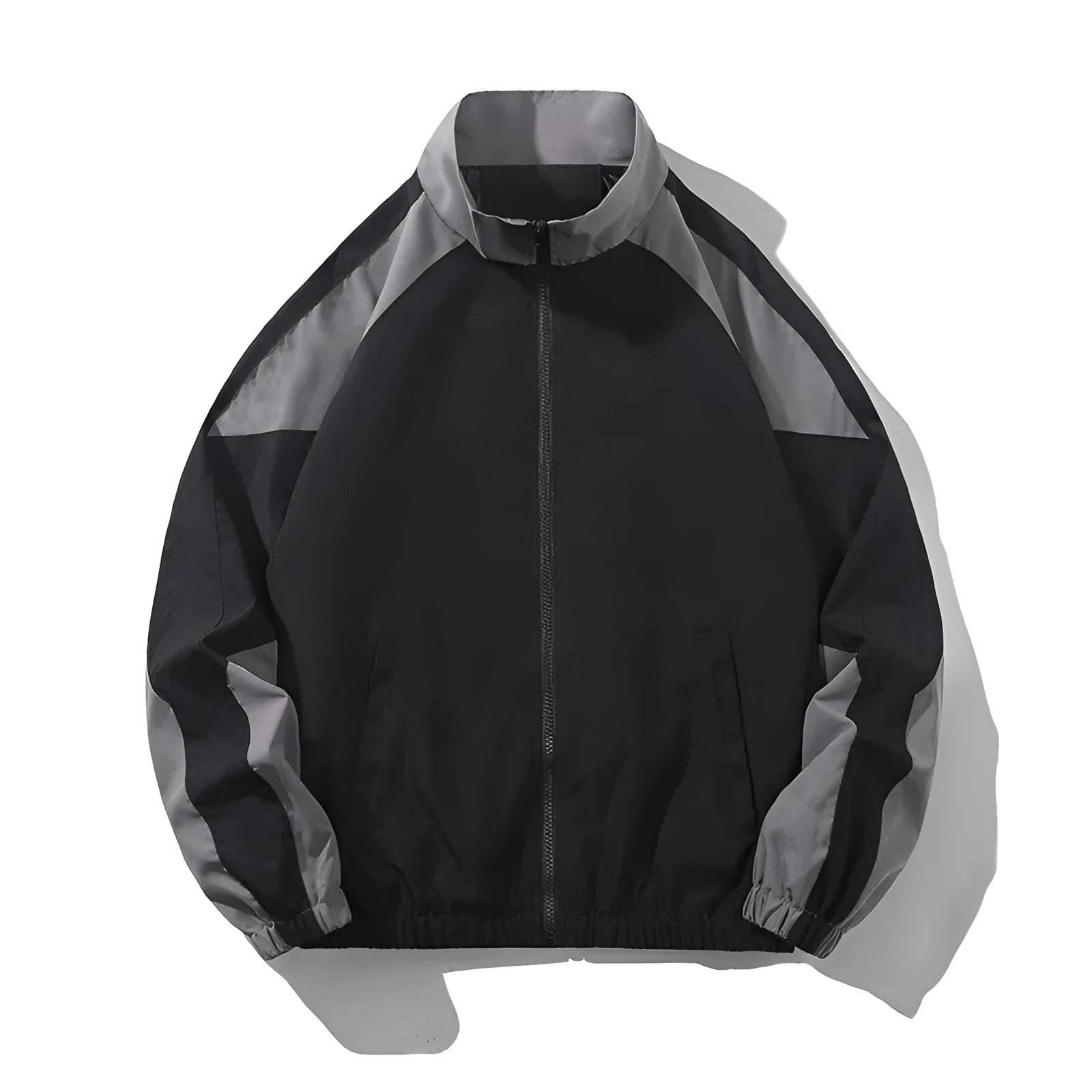 Men's black contrast stitch casual jacket with side seam pockets showing loose fit design