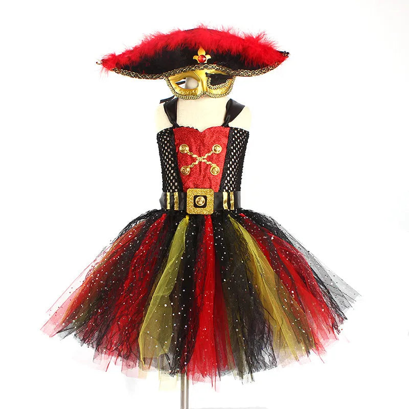 Pirates of the Caribbean inspired sleeveless dress costume for girls with sequin and mesh detailing.