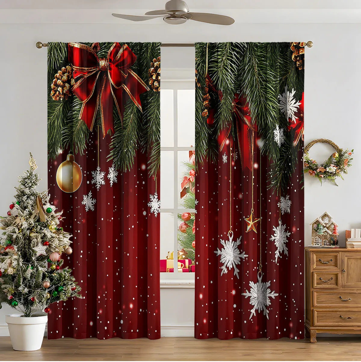 3D digitally printed Christmas curtain with modern simplicity design showing festive imagery