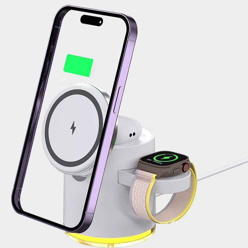 C16 folding magnetic wireless charger in black showing three charging areas for phone, watch and earbuds.