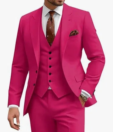 Men's slim fit three-piece suit in a bright red colour, featuring a jacket, waistcoat, and trousers.