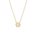 White mother-of-pearl shell flower necklace on a chain in silver or gold tone.