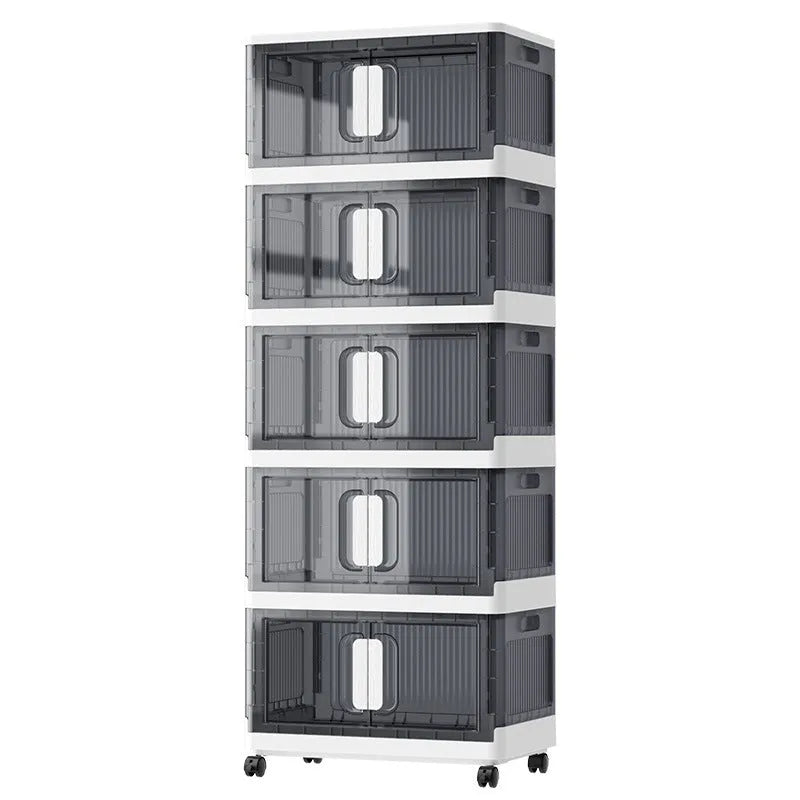Foldable polypropylene storage locker with wheels in white or grey, showing single door design