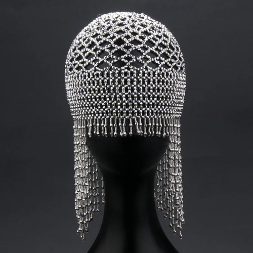 Belly dance hat with alloy frame, beaded ornamentation and tassels in silver or black