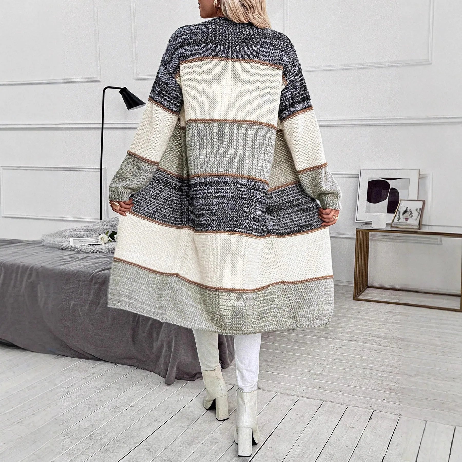 Grey women's knitted long cardigan with striped pattern and loose fit