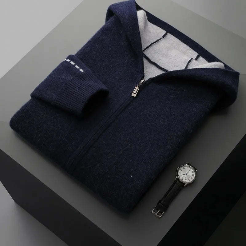 Men's dark blue cashmere cardigan with half-high collar and full-length zipper front