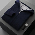 Men's dark blue cashmere cardigan with half-high collar and full-length zipper front