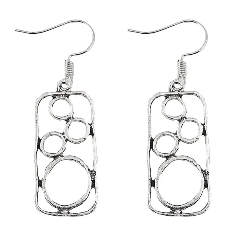 Round ring geometric earrings with irregular square design in antique silver finish