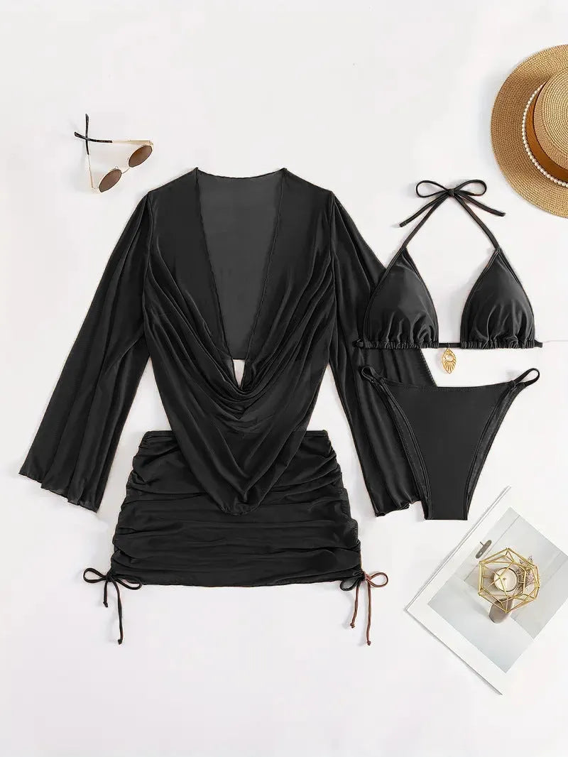 Women's dark brown backless bikini set with lace-up tie, laid flat.
