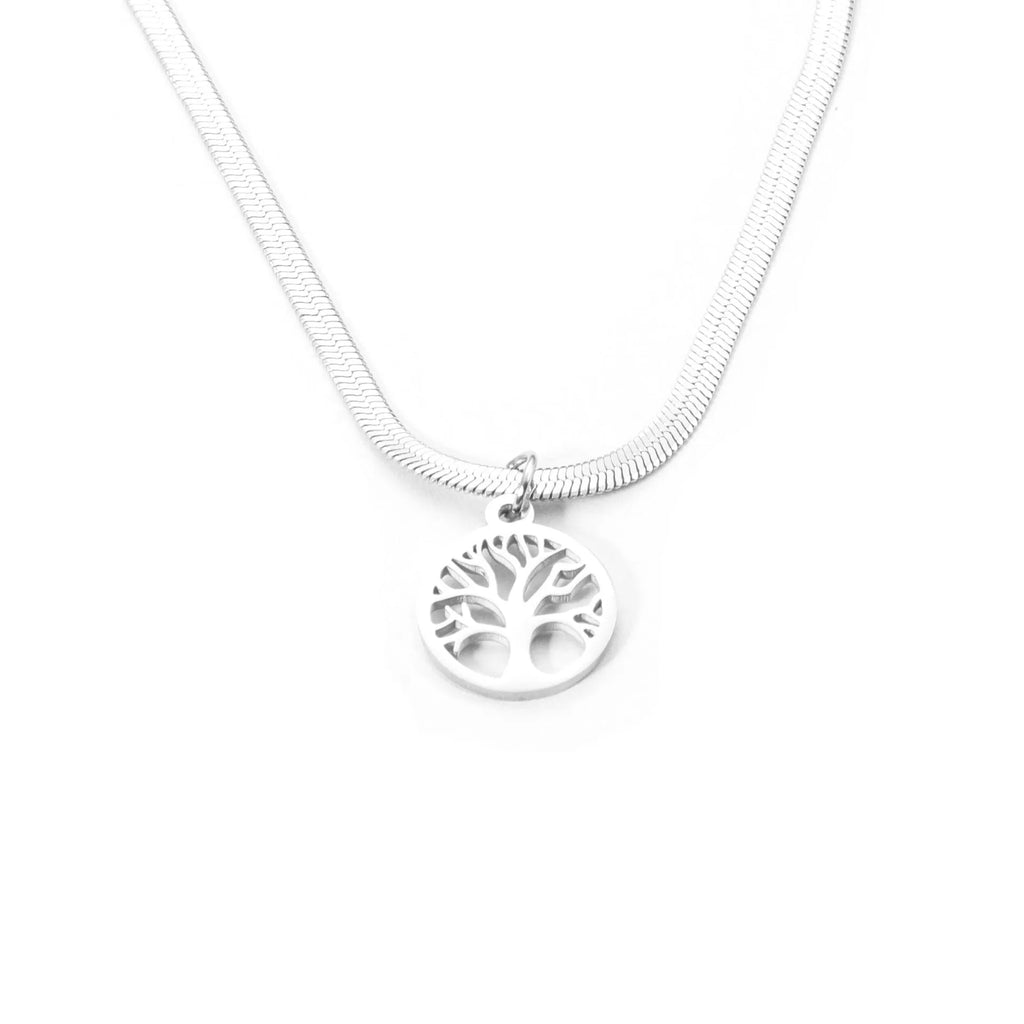 Stainless steel lucky tree necklace with U-shaped pendant on an adjustable snake bone chain.