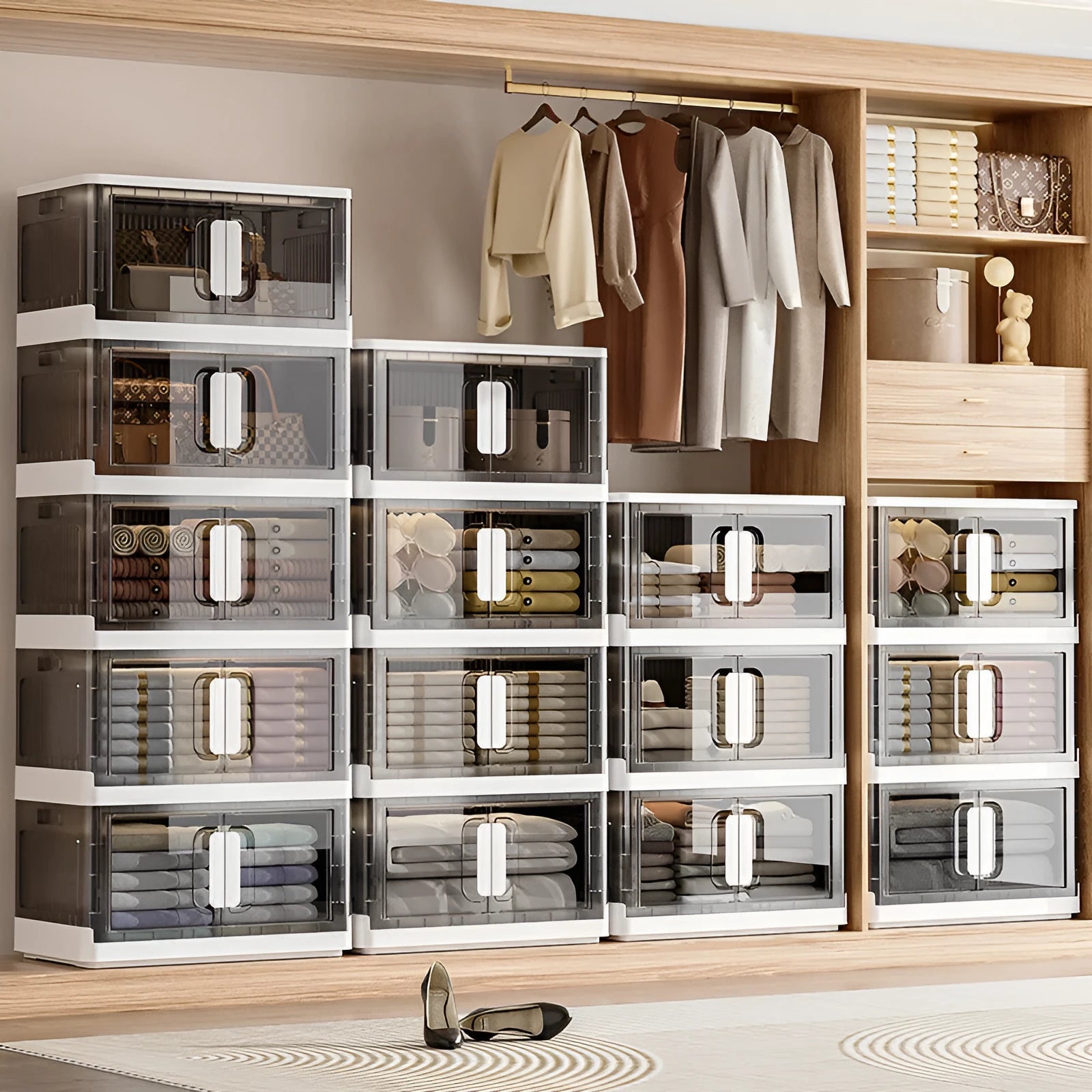 Foldable polypropylene storage locker with wheels in white or grey, showing single door design