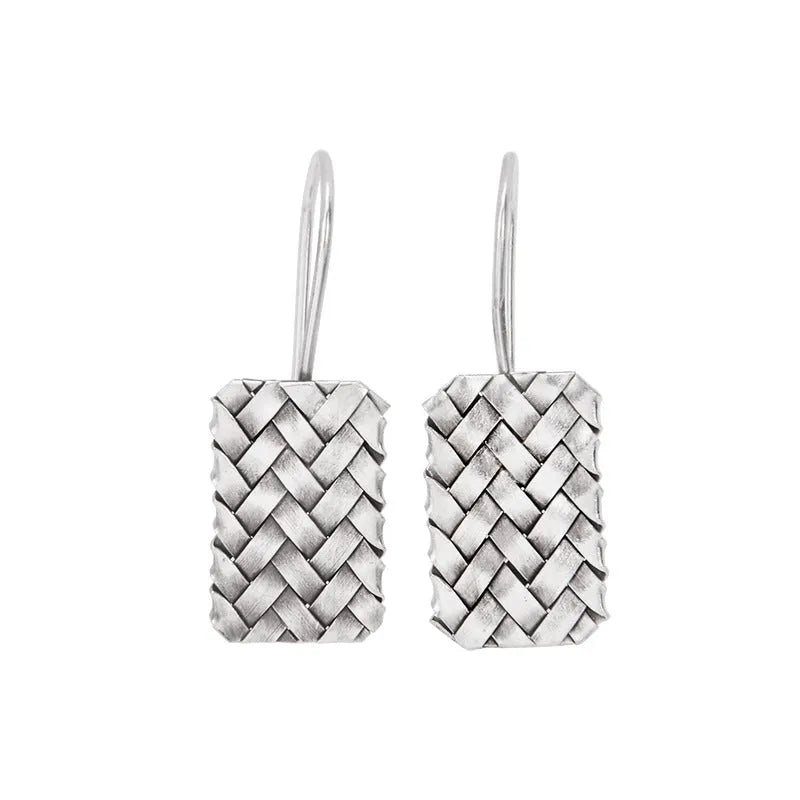 Silver geometric woven plaid earrings with diamond pattern and 17.5mm length