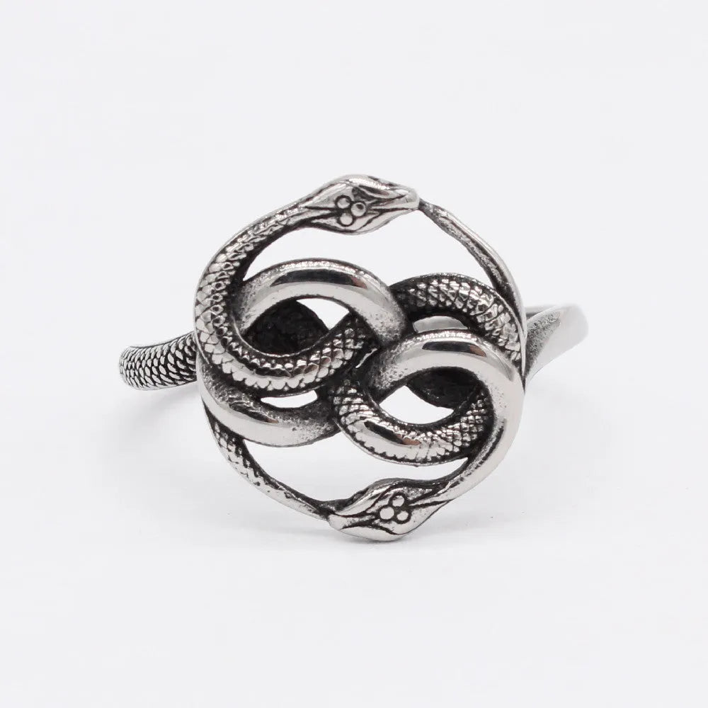 Steel-coloured titanium steel ring with an entwined double snake retro design.