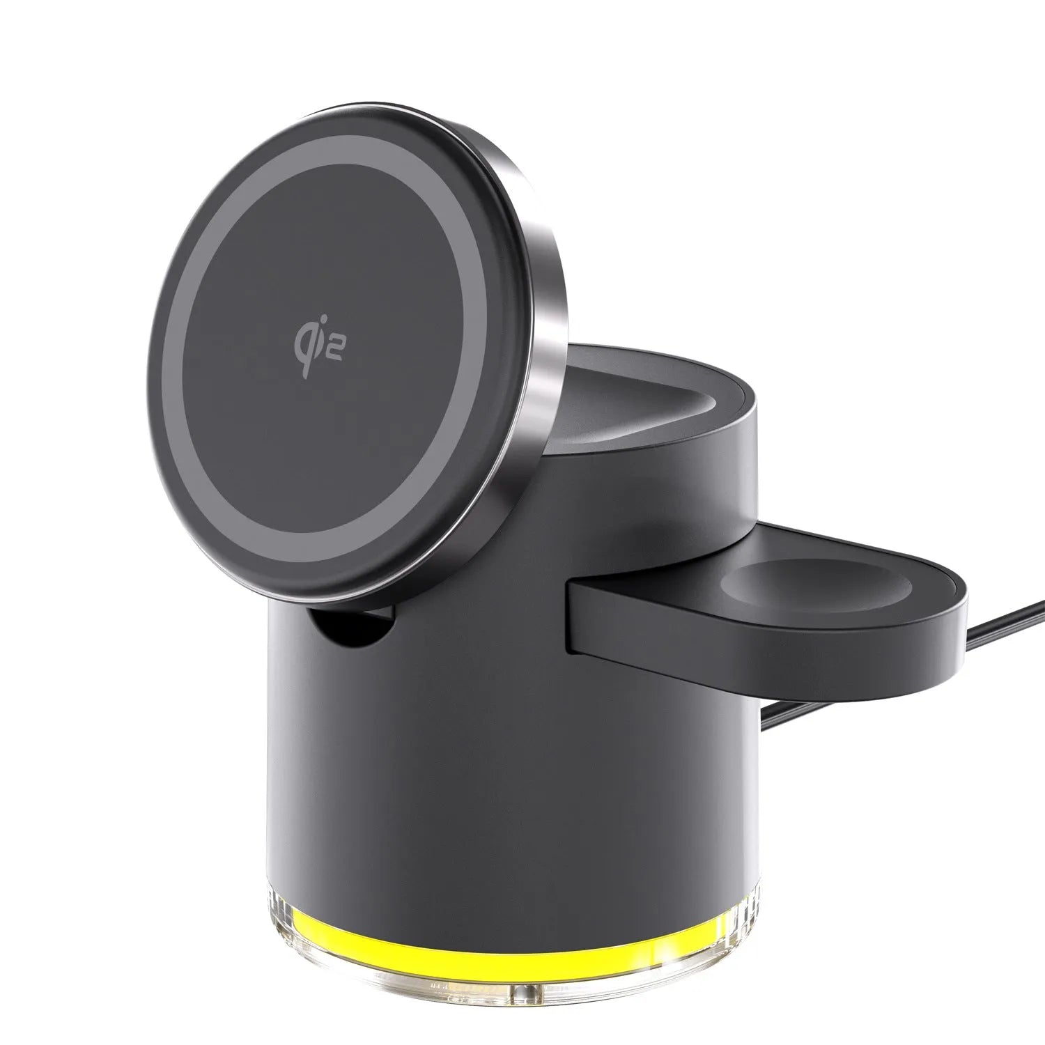 C16 folding magnetic wireless charger in black showing three charging areas for phone, watch and earbuds.