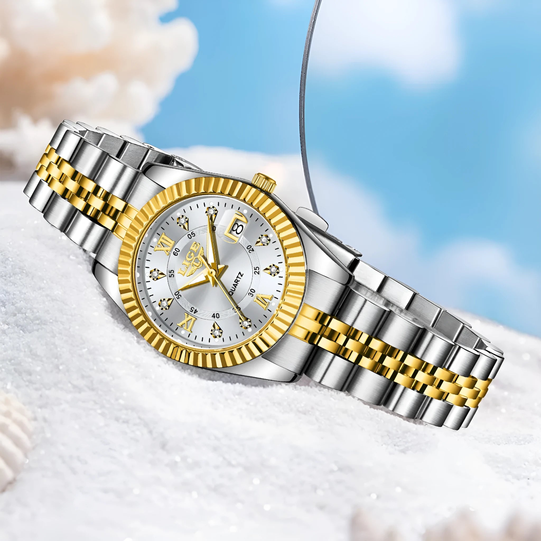 Women's waterproof quartz fashion watch with a 10mm thick case in a gold and black colour variant.