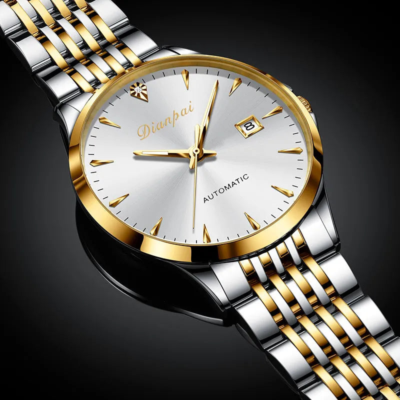 Men's simple dial automatic mechanical watch with stainless steel strap and case.