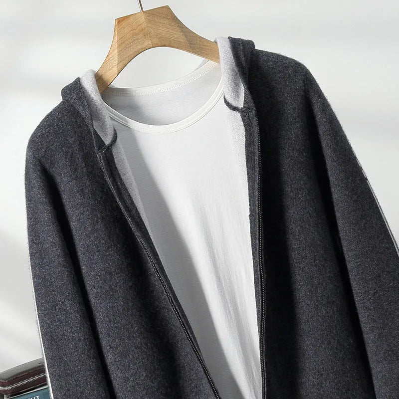 Men's dark blue cashmere cardigan with half-high collar and full-length zipper front