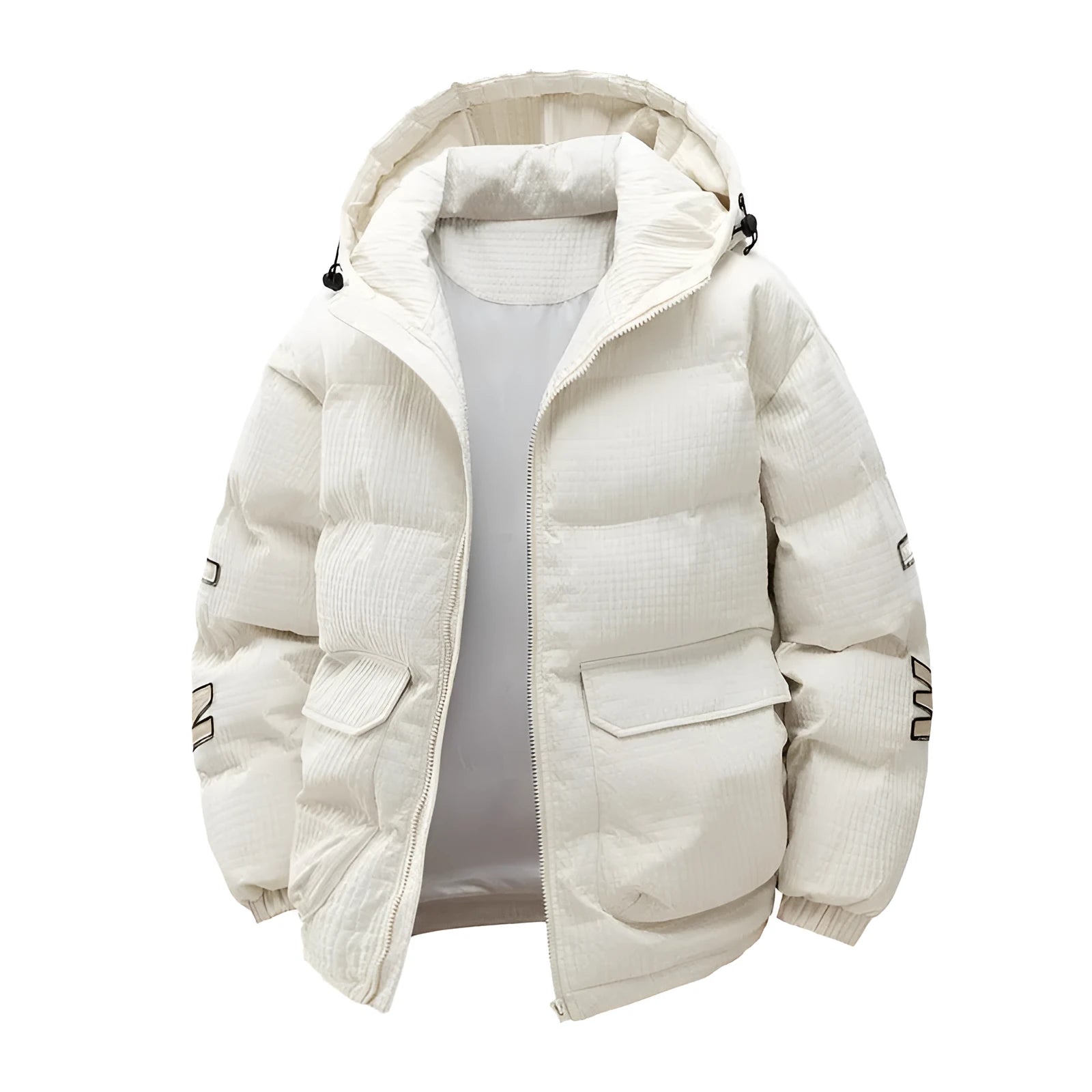 Men's black cotton-padded hooded winter coat with white letter-print design, Korean cardigan style with side pockets