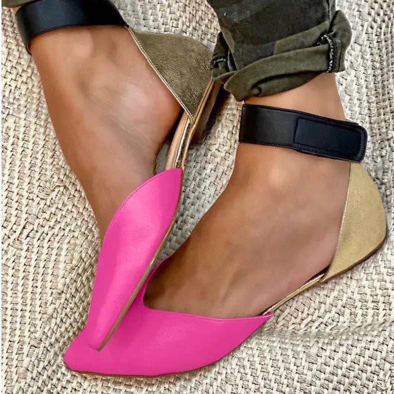 Women's flat-heel sandals with velcro strap and hollowed PU upper in multiple colours
