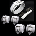 White PU sponge bondage set showing handcuffs, foot cuffs, and neck cuff for adult restraint