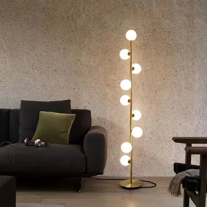 Modern minimalist floor lamp with wrought iron frame and glass elements, 154cm tall with adjustable lighting modes