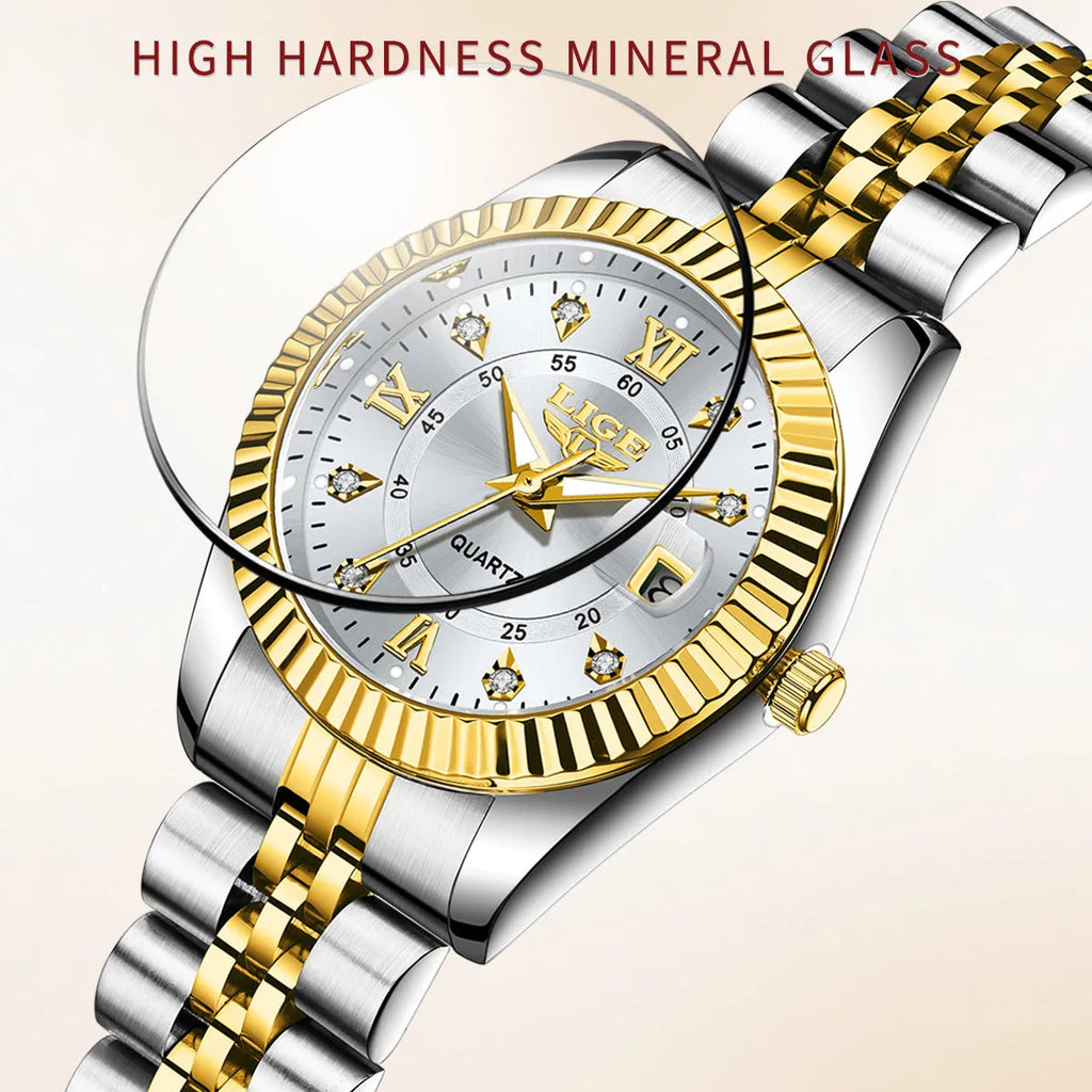 Women's waterproof quartz fashion watch with a 10mm thick case in a gold and black colour variant.