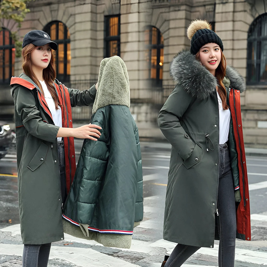 Women's long beige fleece trench coat with a belt, shown on a model.