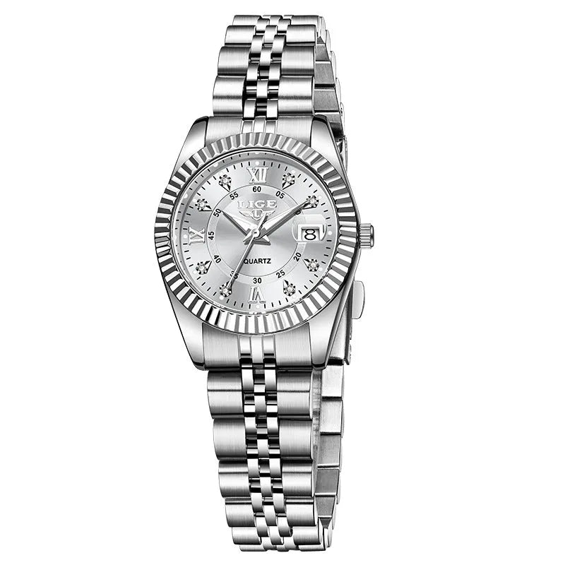 Women's waterproof quartz fashion watch with a 10mm thick case in a gold and black colour variant.