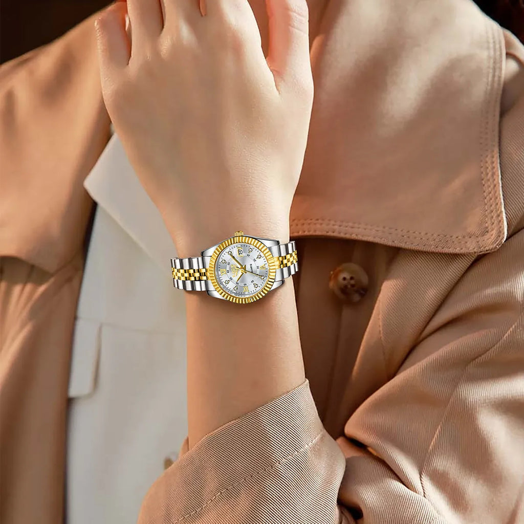 Women's waterproof quartz fashion watch with a 10mm thick case in a gold and black colour variant.