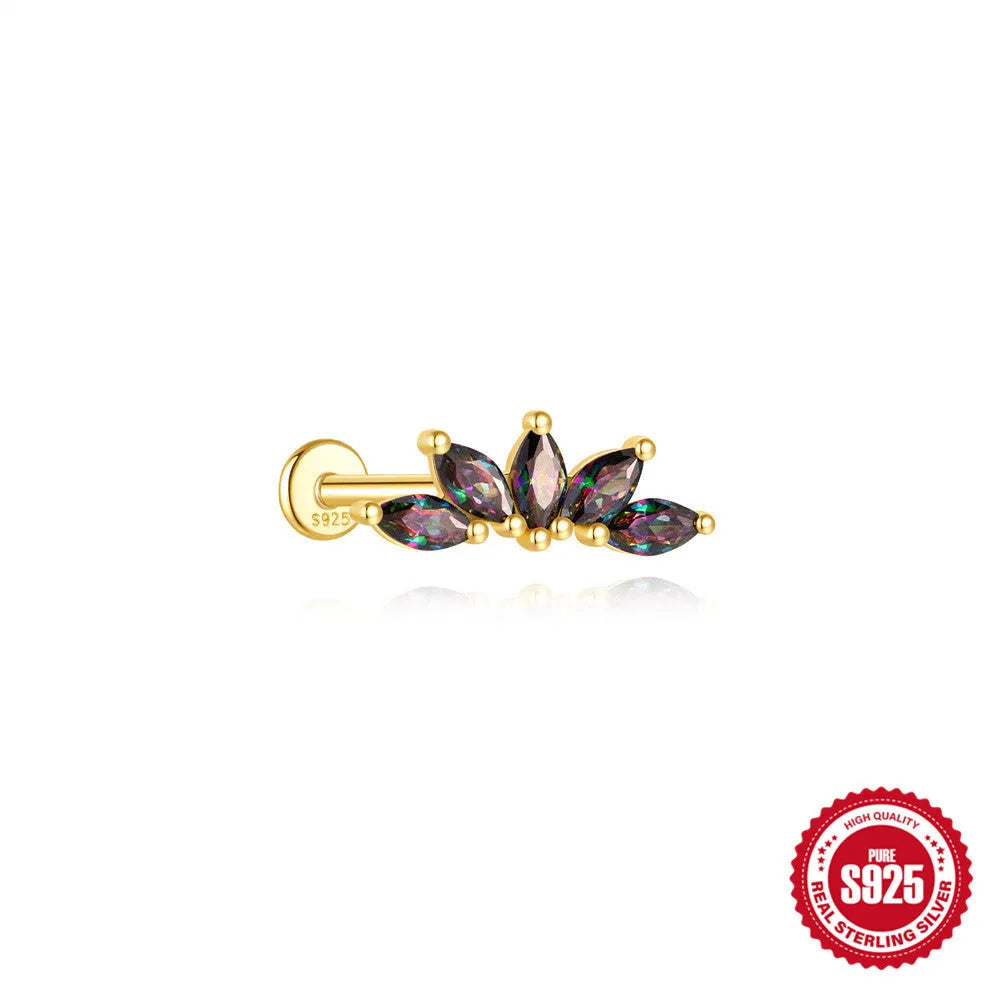 S925 sterling silver piercing earrings with super shiny rainbow stone and flat head thread in gold colour