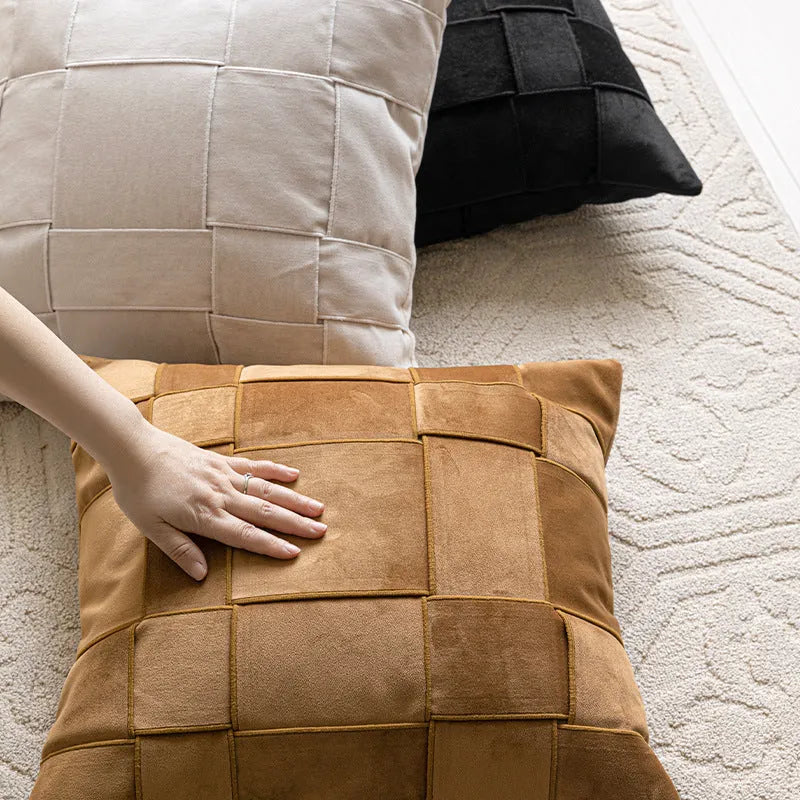 Chenille woven square cushion in beige colour on a sofa, showing its 50x50cm size and textured fabric.