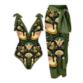 Women's solid colour one-piece swimsuit with spaghetti straps and matching skirt set