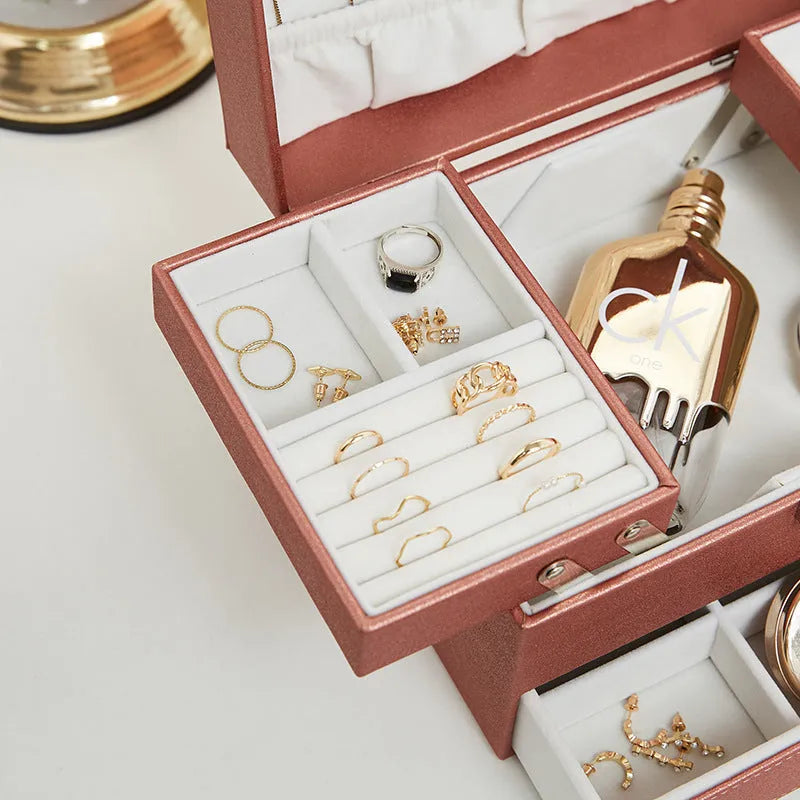 European style leather jewellery storage box in hard case design with solid colour exterior