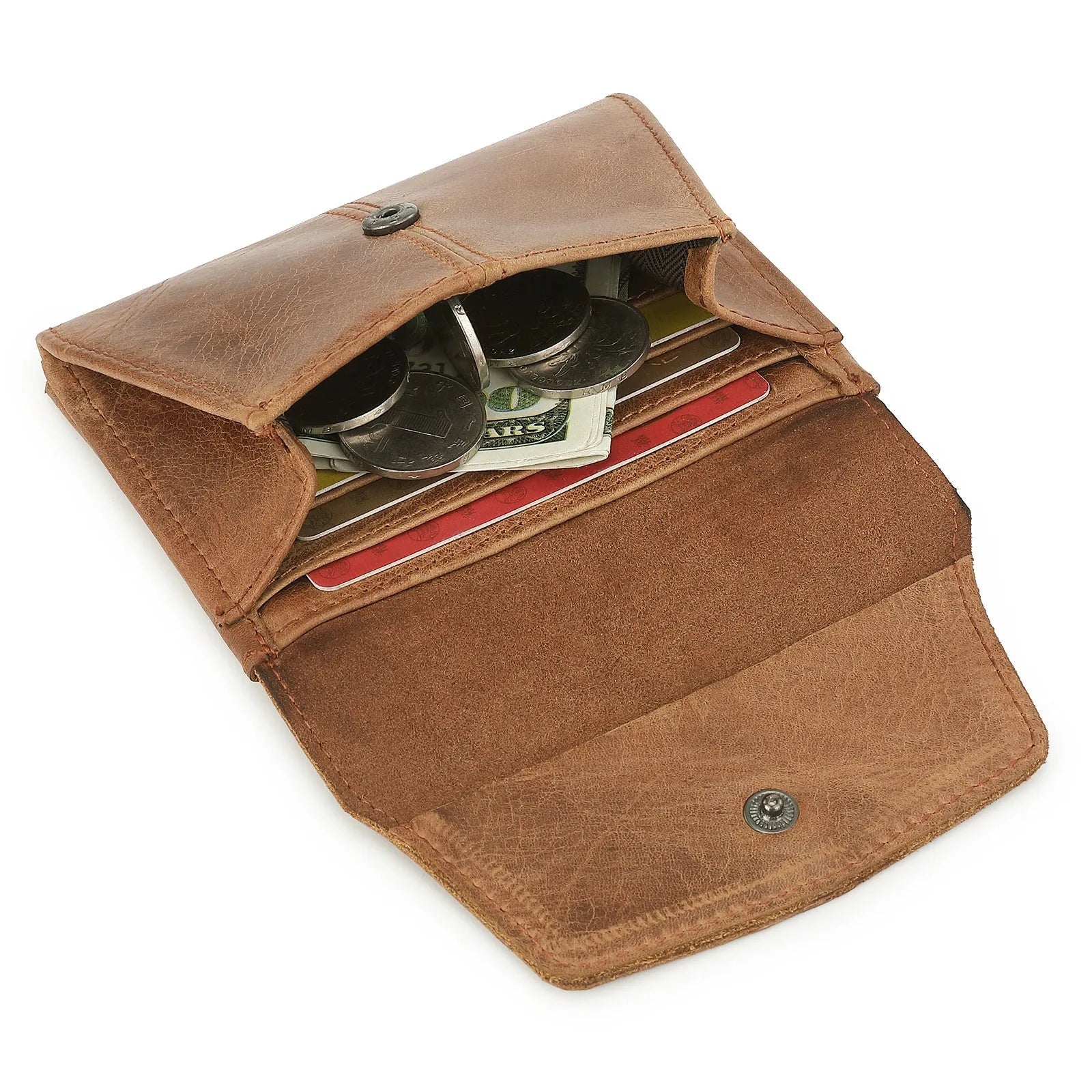 Genuine leather coin purse wallet in European retro style with stitching details and lock