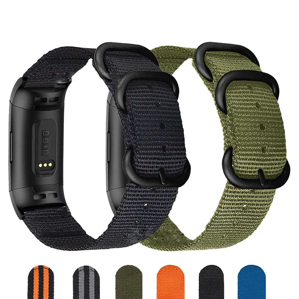 Fitbit Charge nylon three-ring buckle strap in multiple colours including Army Green and Black and Gray