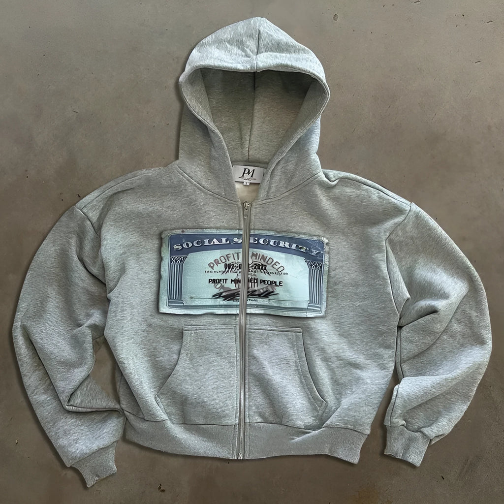 A black loose-fitting zip-up hoodie jacket for men and women with front zipper pockets.