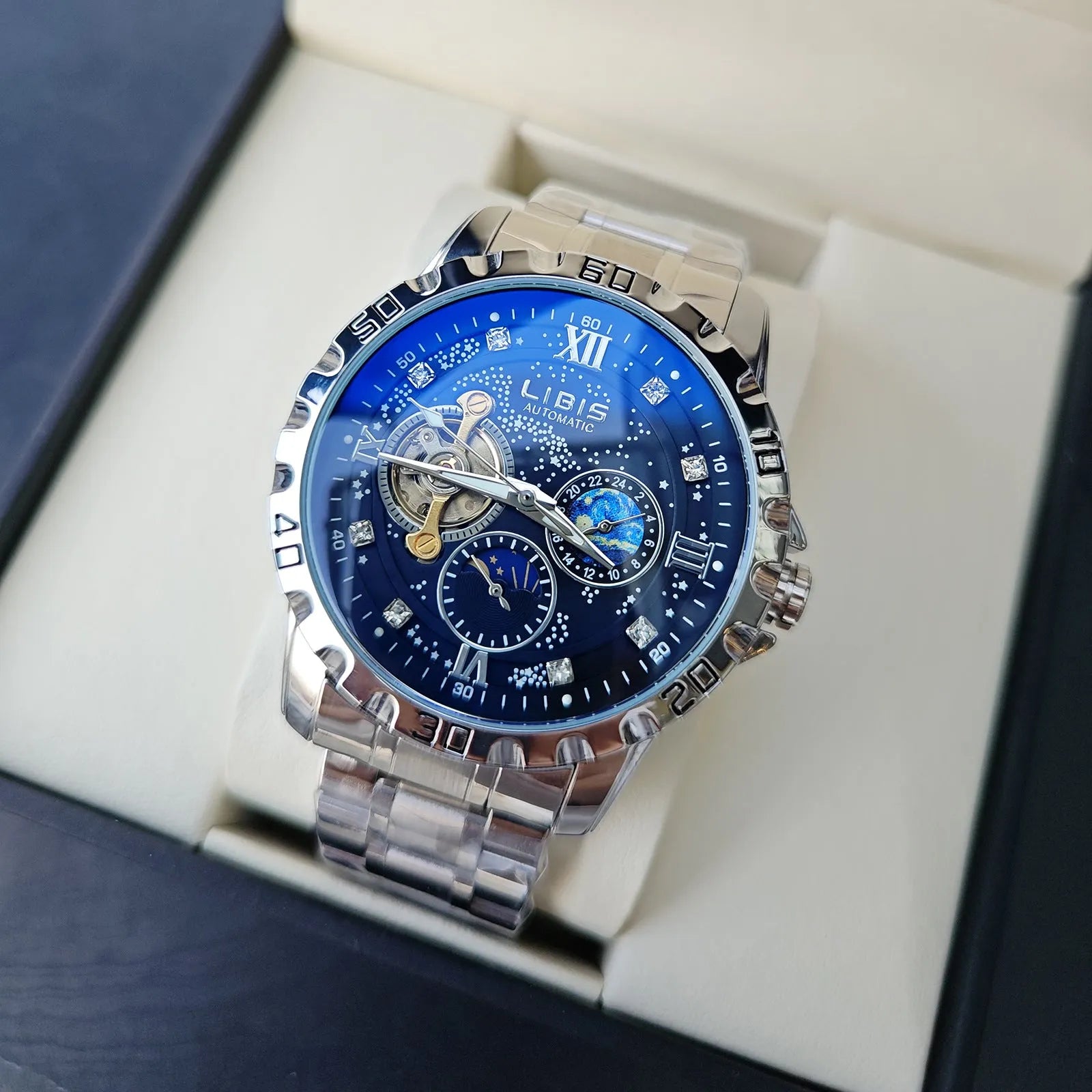 Men's silver case automatic mechanical watch with black starry sky dial and genuine leather strap