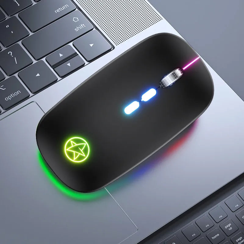 Wireless Bluetooth gaming mouse showing dual-mode connectivity options and metal roller construction