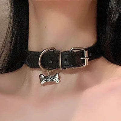 Black leather adjustable dog collar for small to medium dogs with 21-50cm perimeter