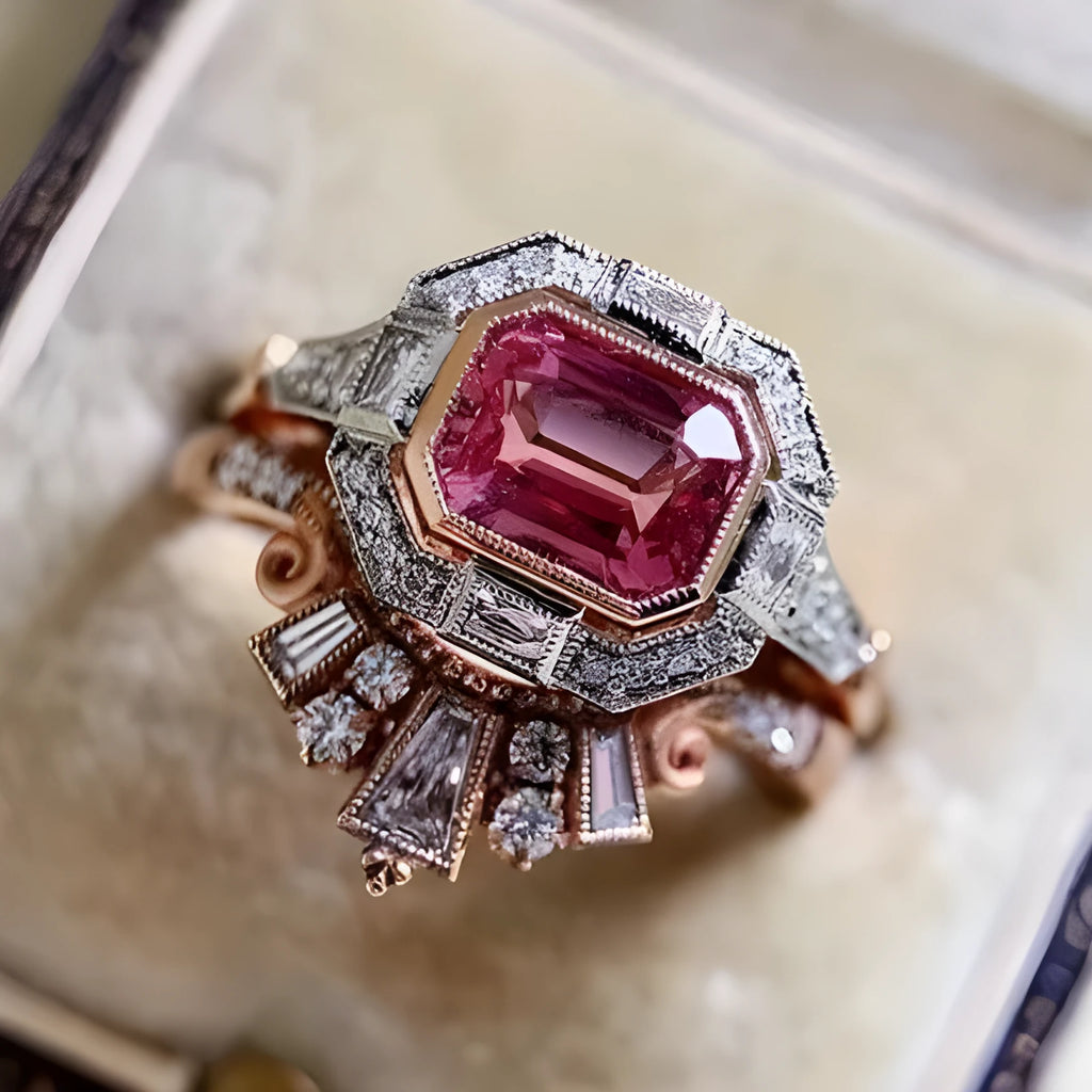 Rose gold retro style women's fashion ring with geometric ruby design in alloy material