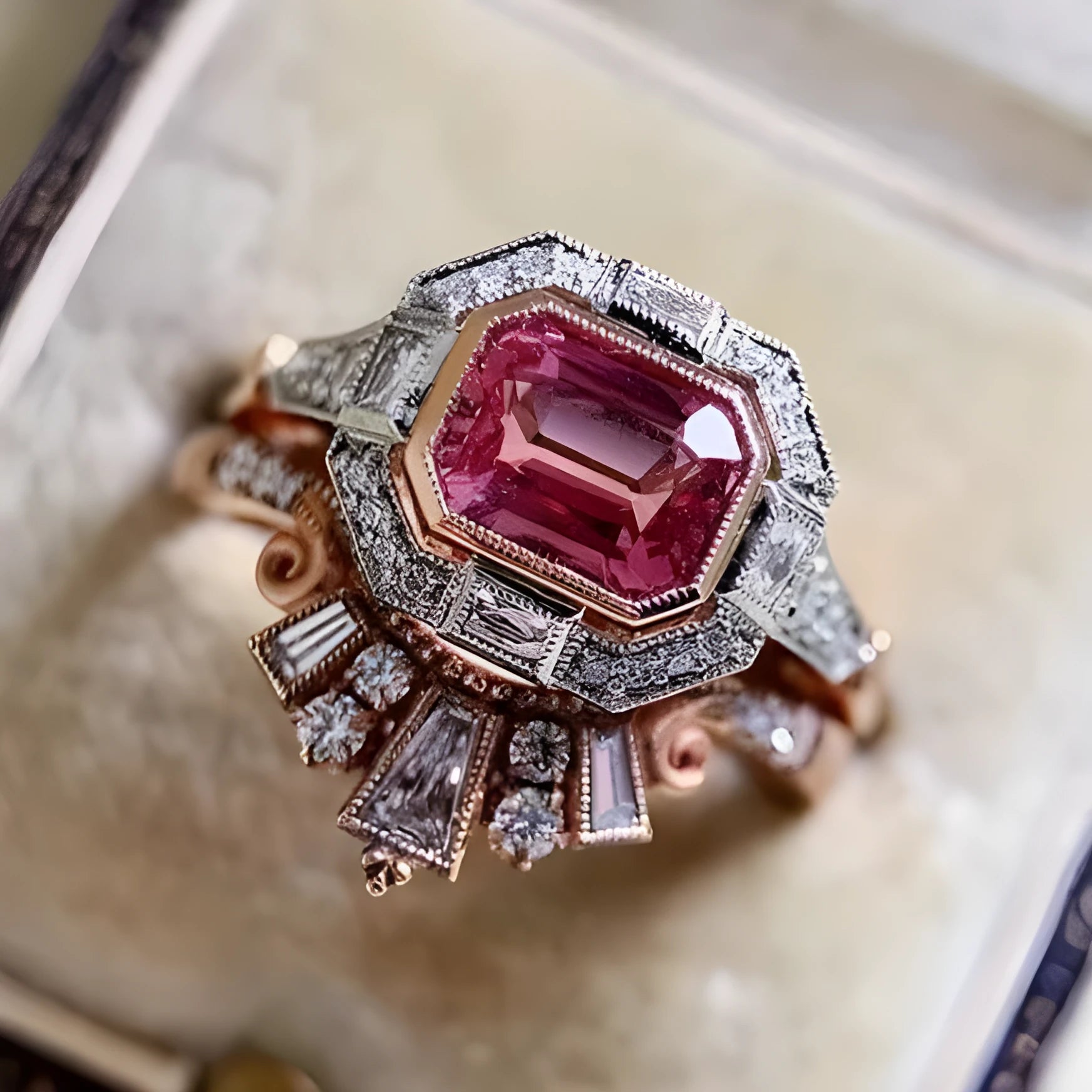 Rose gold retro style women's fashion ring with geometric ruby design in alloy material