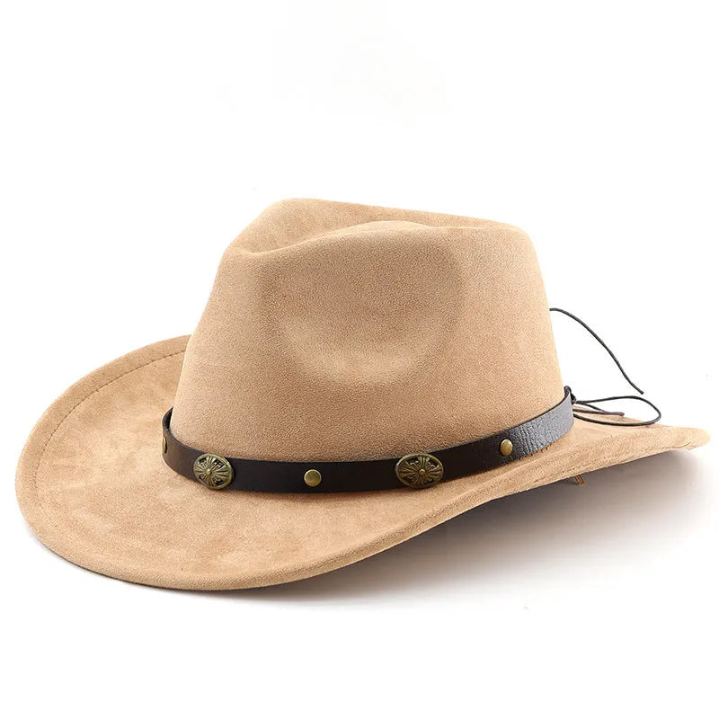 Brown leather velvet Western cowboy hat with curved brim and conical crown