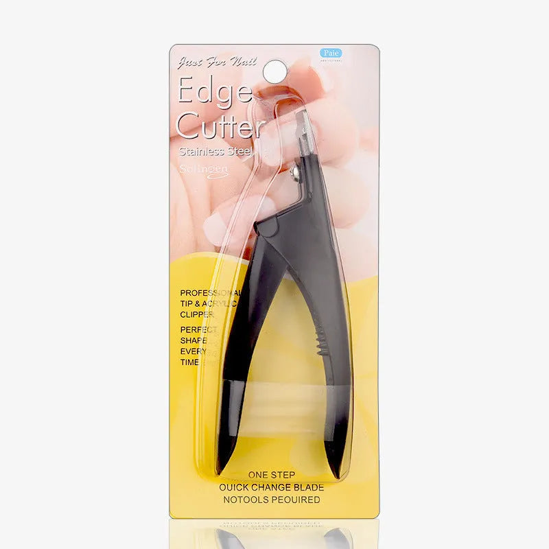 Close-up of stainless steel nail scissors with French U-shaped titanium blades, shown in electrophoresis black finish.