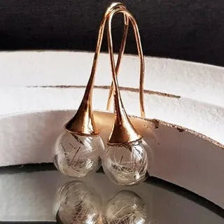 Transparent 16mm glass ball earrings with dandelion seed crystal design on silver French hooks